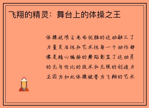 飞翔的精灵：舞台上的体操之王